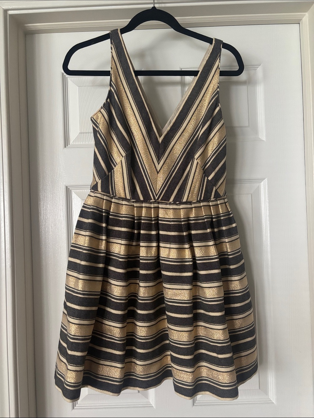 Adorable, chic J.Crew V-Neck Black and Gold Stripe Fit & Flare Dress